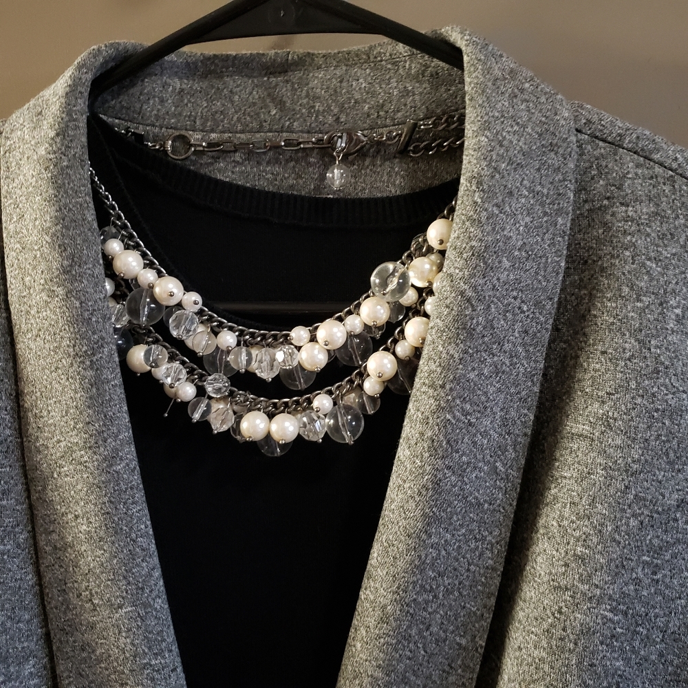 Chunky Beaded Bib Necklace Clear Pearl Beads Gun Metal Chain